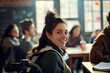 © yj - happy disabled female college student sitting in wheelchair socialising with normal friends in the classroom.