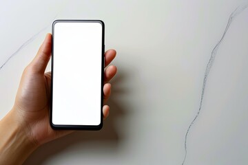 Smartphone mockup on hand with white blank screen created with Generative AI