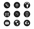 © Asad - A set of black and white icons for a contact us section, with a phone icon featuring a message bubble on the right side, a global map location pin in the middle left corner, and an email button at the