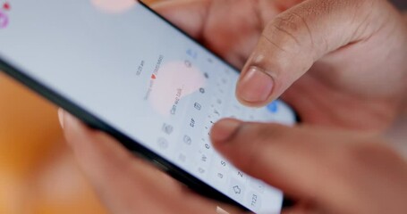 Wall Mural - hands, phone and screen with text for typing on internet, communication on app with notification. me
