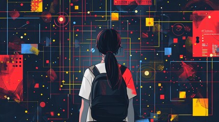 a girl from behind, deeply focused on learning to code, surrounded by abstract shapes representing data structures and the journey of programming mastery