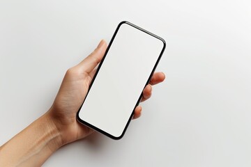 Smartphone mockup on hand with white blank screen created with Generative AI