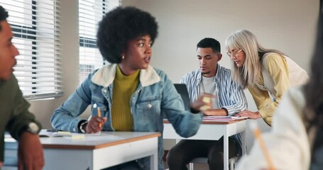 Wall Mural - Woman, student and help at desk in classroom for learning, study and education. University, scholarship and female person in lecture for knowledge, development and notebook for exam or evaluation