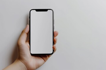 Smartphone mockup on hand with white blank screen created with Generative AI