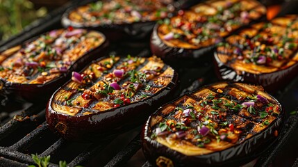 grilled eggplants seasoned with herbs on a barbecue grill, highlighting a savory summer dish