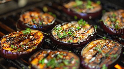 barbecue cooking with grilled eggplants seasoned with herbs, embodying the essence of a delightful summer dish