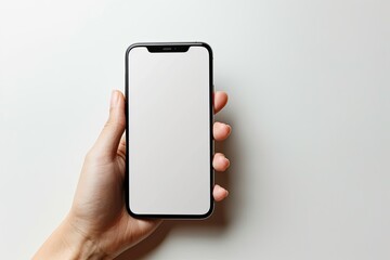 Smartphone mockup on hand with white blank screen created with Generative AI