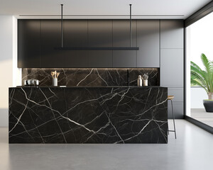 Wall Mural - Modern Sophistication: Nero Marquina Marble Kitchen - Large Island and Backsplash, Natural Lighting - Perfect for Contemporary Homes