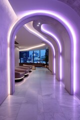 Sticker - Futuristic architectural interior with curved lighting