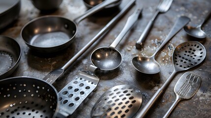 Metal cooking utensils on table. 