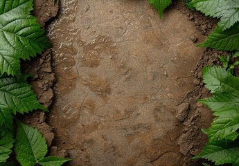 Canvas Print - Dirt ground with green leaves frame