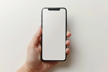 Smartphone mockup on hand with white blank screen created with Generative AI