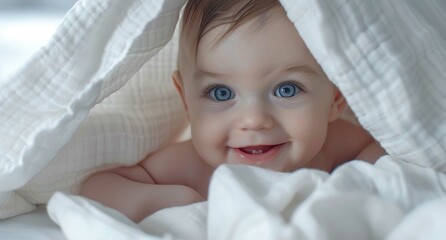 Wall Mural - A cute baby with blue eyes is smiling and peeking out from under the white blanket, isolated on a white background.