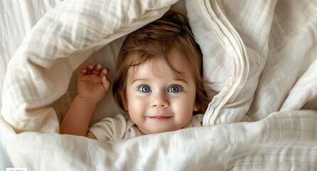 Wall Mural - A cute baby with blue eyes is smiling and peeking out from under the white blanket, isolated on a white background.