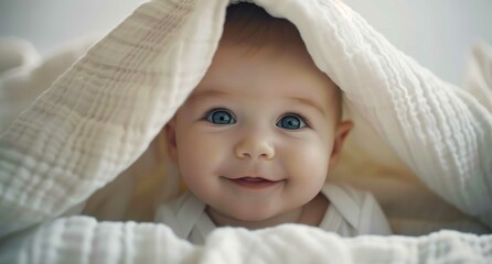 Wall Mural - A cute baby with blue eyes is smiling and peeking out from under the white blanket, isolated on a white background.