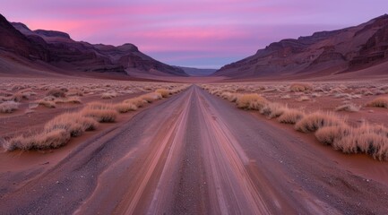 Poster - Dramatic desert landscape with winding road at sunset