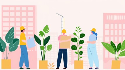 ecofriendly construction, green building practices, flat design illustration