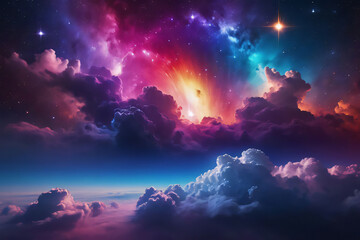 Wall Mural - Colorful cloudscape with bright shining star and glowing nebula