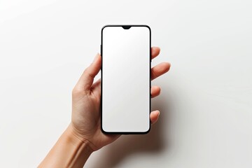Smartphone mockup on hand with white blank screen created with Generative AI