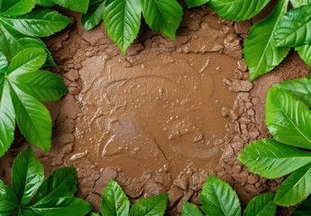 Canvas Print - Wet mud with green leaves border