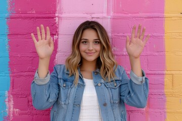 Canvas Print - smiling woman in front of colorful wall