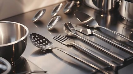 Metal cooking utensils on table. 