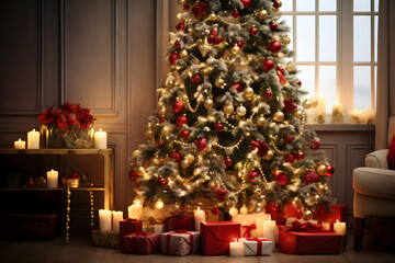 Vibrant and Warm Setting of Christmas; The Celebration Spirit Embraced in the Dancing Twinkles of the Lavish Fir