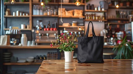 Wall Mural - a mockup showcasing a black canvas tote bag in a chic cafe setting, emphasizing the versatility and aesthetic appeal of the product.