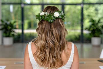 woman with floral crown in greenhouse