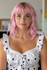 Poster - young woman with pink hair and polka dot dress