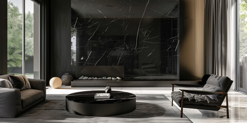 Wall Mural - Classic Sophistication: Nero Marquina Living Room - Fireplace Surround and Floor, Natural Lighting - Ideal for Contemporary Homes