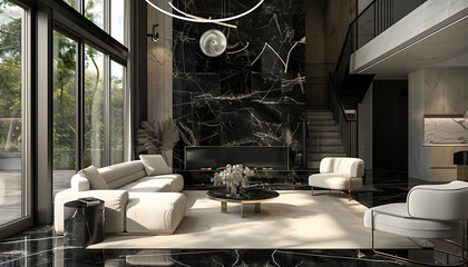 Wall Mural - Classic Sophistication: Nero Marquina Living Room - Fireplace Surround and Floor, Natural Lighting - Ideal for Contemporary Homes