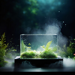 Wall Mural - Lush terrarium with vibrant plants thriving in a misty atmosphere