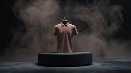 Poster - Mock up 3D brown polo shirt on a black background podium with light smoke, Ai generated Images