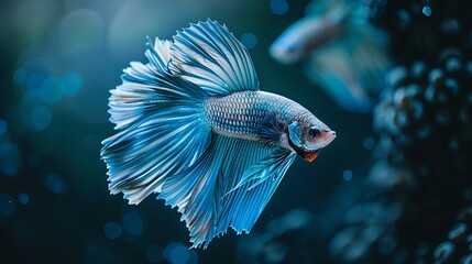 Determine this beautiful brief image of an it betta fishing in against an inky backdrop