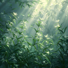 Wall Mural - Green Forest Illustration with Sunbeams