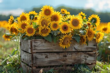 A cheerful and vibrant scene of sunflowers overflowing from a rustic basket in a vast field.