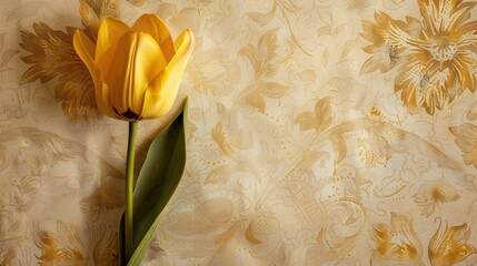 Poster - A single yellow tulip on light vintage floral wallpaper with space for text