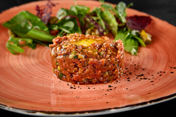 Sticker - Beef Tartare with Quail Egg and Mixed Salad on Ceramic Plate