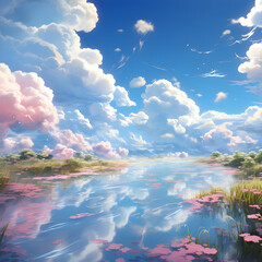 Canvas Print - Peaceful Lake with Pink Clouds Illustration