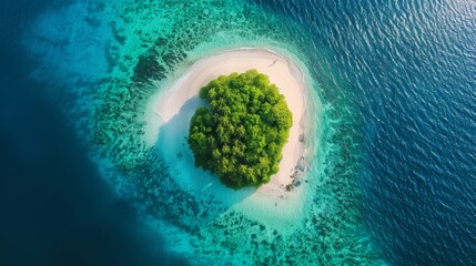 Wall Mural - Aerial view of a tropical island with a sandy beach and lush green forest.