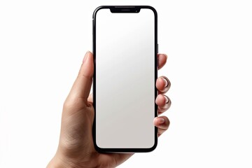 Smartphone mockup on hand with white blank screen created with Generative AI