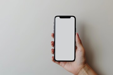 Smartphone mockup on hand with white blank screen created with Generative AI