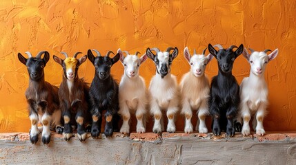 Wall Mural -   A group of goats gathered together in front of an orange wall, with a yellow wall behind them