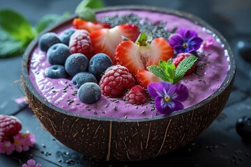 A smoothie bowl topped with fresh fruit, nuts, seeds, and edible flowers, presented in a coconut shell. 