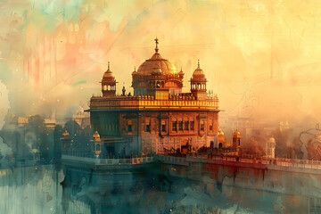 Wall Mural - Golden Temple Amritsar Watercolor Illustration