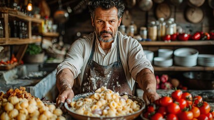 Wall Mural -   A man wearing an apron is adding macaroni and cheese to a pan in the kitchen