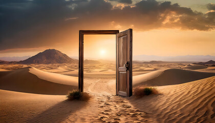 Wall Mural - an opened door in a desolate desert, capturing the essence of unknown paths and start-up challenges.