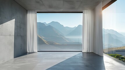 Wall Mural -   An empty room boasts a stunning view of a mountain range and a distant bridge through a spacious window on its right side