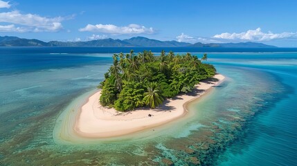 A breathtaking image of a deserted tropical island near Taveuni, Fiji, featuring pristine sandy beaches surrounded by crystal-clear turquoise waters and lush green vegetation.